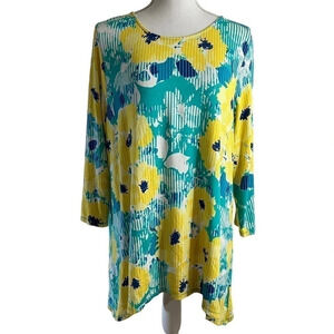 Ruby Rd Tunic Blouse Large Sharkbite Hem Floral Blue Yellow 3/4 Sleeves Stretch